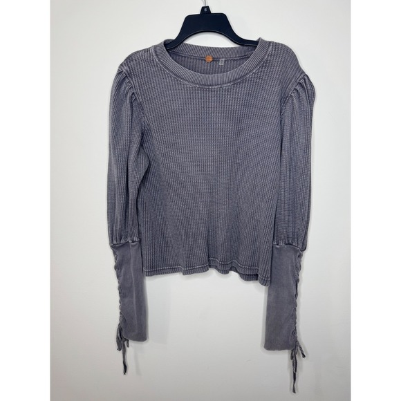 Fp One Tops - Free People FP One Grey Waffle Knit Puff Sleeve Lace Up Thermal Top Medium